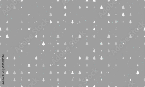 Seamless background pattern of evenly spaced white fir-tree symbols of different sizes and opacity. Vector illustration on grey background with stars