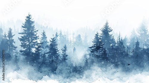 Watercolor Coniferous Forest Winter Scene