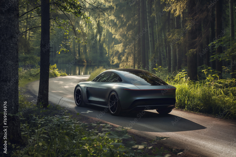 A sleek electric vehicle parked on a serene forest road with soft sunlight filtering through trees