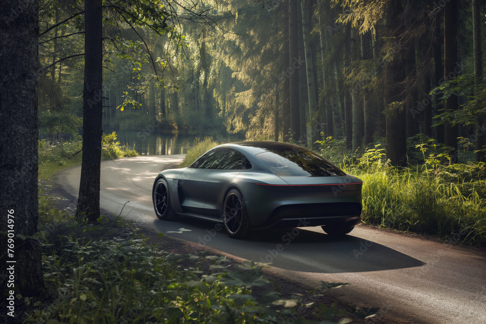 A sleek electric vehicle parked on a serene forest road with soft sunlight filtering through trees A sleek electric vehicle parked on a serene forest road with soft sunlight filtering through trees