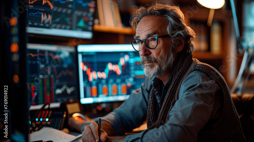 A focused man with glasses and a beard reviews complex financial data across several computer screens in a sophisticated and intimate home trading setup. © foxyburrow
