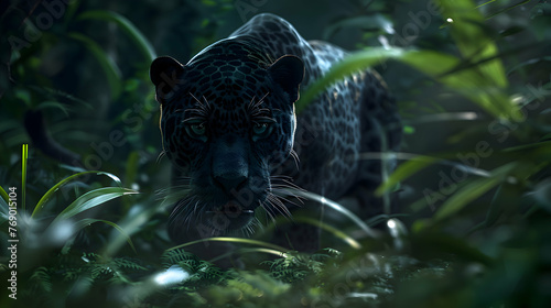 A sleek black jaguar prowling through the jungle undergrowth
