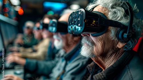 A senior man with white hair is immersed in a virtual reality experience using a VR headset, surrounded by peers also engaged in this modern technology.