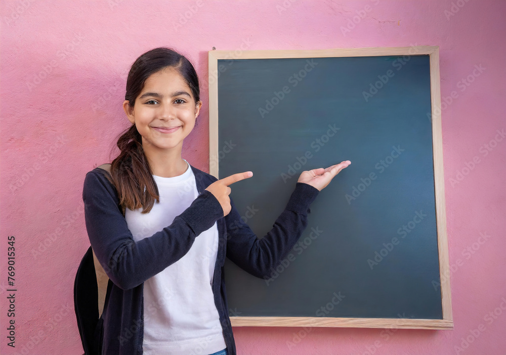 A girl is pointing at a blackboard with a smile on her face. The blackboard is on a pink wall A girl is pointing at a blackboard with a smile on her face. The blackboard is on a pink wall