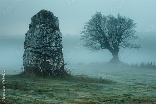 mysterious lonely megalith in a cold morning fog photo