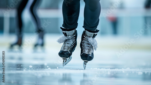 close up of a figure skater doing tricks on ice, figure skater in action, ice skating on ice © Gegham