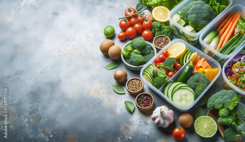 Close-up von gesundem, vegetarischem Essen in Behältern. Gemüse, Früchte, Kräuter, ausgewogenes Ernährungskonzepts, copy space