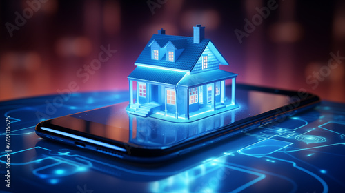 A small illuminated blue model of a house on screen of a smartphone, depicting the concept of smart home automation. Advanced connectivity and technology for residential control.