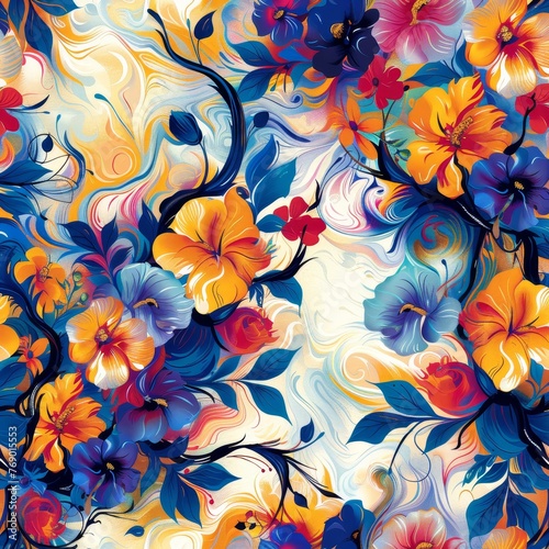 Abstract, dynamic, modern textile design with seamless, colorful swirling floral vine pattern, vibrant and artistic © Fokasu Art