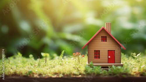 Miniature house on a meadow. A tiny house in forest. Concept of energy saving with modern technology. Real estate business, new homes and mortgages