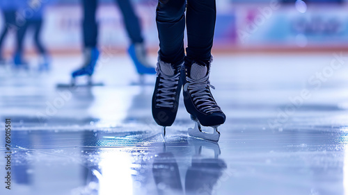 close up of a figure skater doing tricks on ice, figure skater in action, ice skating on ice © Gegham
