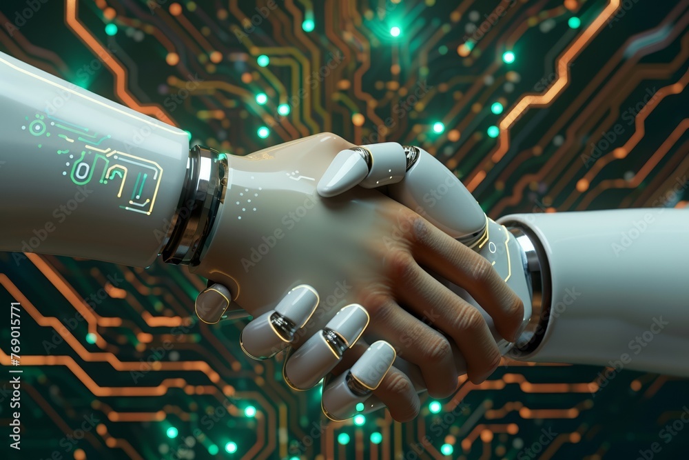 3D illustration of a human and AI robotic hand in a firm handshake ...
