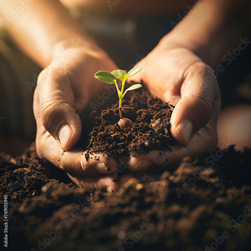 Hands nurturing and planting a young plant in fertile soil