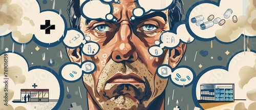 Close-up of a sick man's face, surrounded by thought bubbles, one depicting a hospital entrance and the other a pharmacy counter, symbolizing his dilemma photo