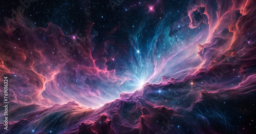 A colorful nebula and stars with pink and purple clouds. Space nebula background, backdrop, wallpaper.