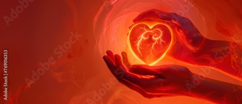 Minimalistic depiction of hands presenting a heart  surrounded by a soft red aura  conveying warmth