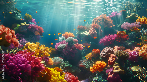 A vibrant coral reef teeming with colorful invertebrates