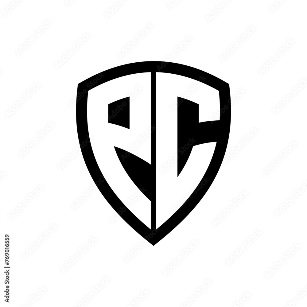 PC monogram logo with bold letters shield shape with black and white color design PC monogram logo with bold letters shield shape with black and white color design