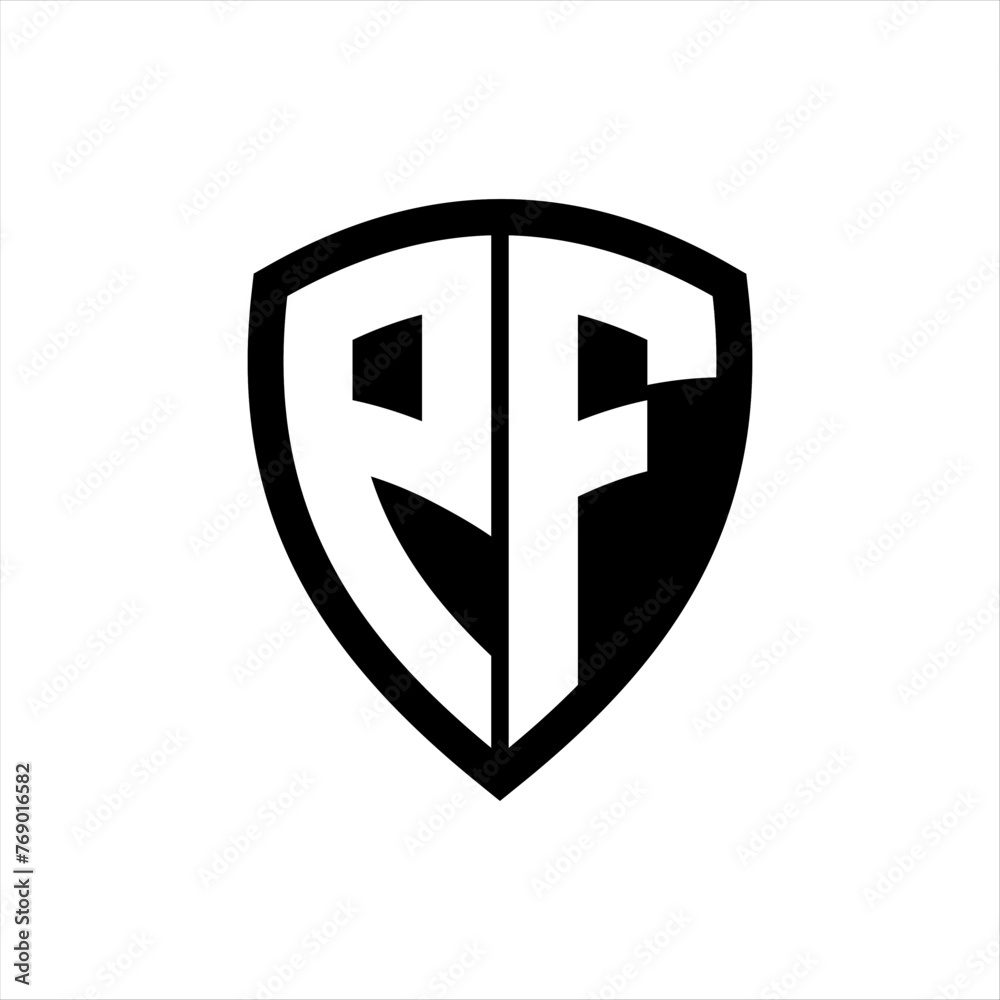 PF monogram logo with bold letters shield shape with black and white color design PF monogram logo with bold letters shield shape with black and white color design