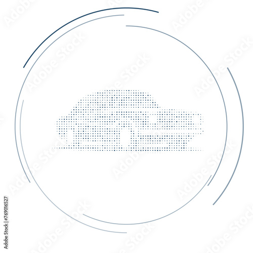 The vintage car symbol filled with dark blue dots. Pointillism style. Vector illustration on white background