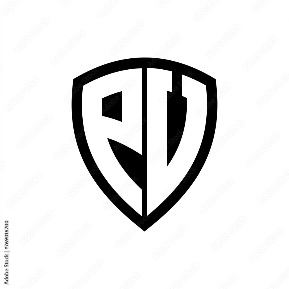 PV monogram logo with bold letters shield shape with black and white color design
