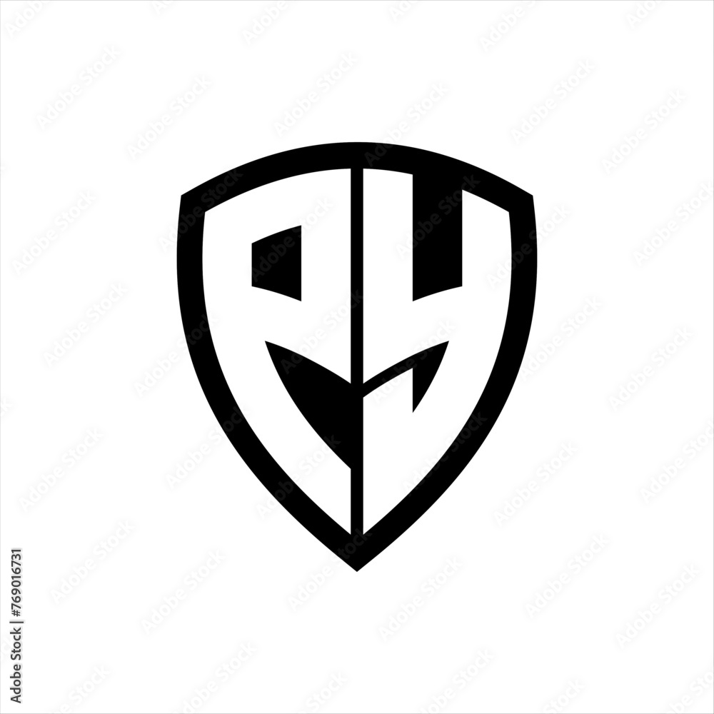PY monogram logo with bold letters shield shape with black and white color design PY monogram logo with bold letters shield shape with black and white color design