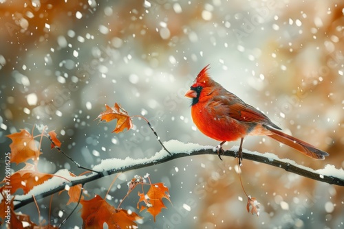 A red bird with feathers fluffed perched on a bare branch covered in snow