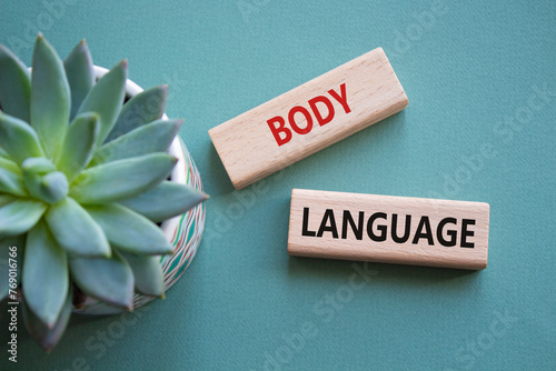 Body Language symbol. Concept words Body Language on wooden blocks. Beautiful grey green background with succulent plant. Business and Body Language concept. Copy space