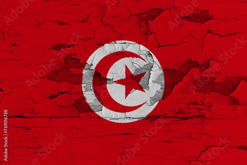 Republic of Tunisia Flag Painted on Old Wood Plank Background