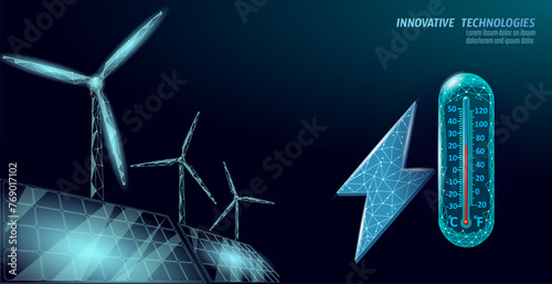 Global warming CO2 ecology problem eco concept. Renewable energy against greenhouse effect 3D render. Science chemistry biotechnology polygonal climatic technology vector illustration