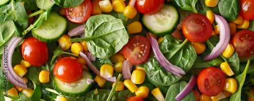 Close-up of fresh salad with tomatoes, cucumbers, spinach, corn, and red onions. Macro shot of healthy food concept photo