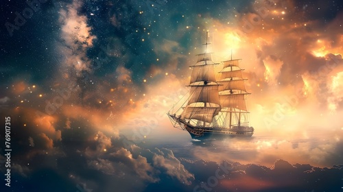 Majestic Sailing Ship Navigating Tumultuous Skies Amidst Swirling Clouds and Fiery Sunset