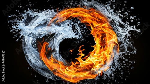 Dynamic fusion of fire and water blending harmoniously in stark contrast on dark background