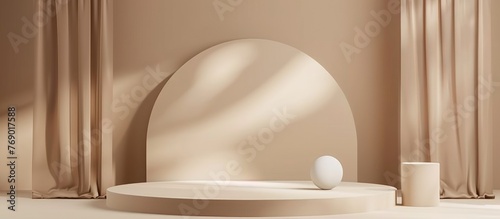 Minimal abstract geometric product presentation podium on brown background.