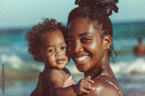 Afro-American smiling mother hugging her sweet baby at beach seaside during vacation. Happy family ocean trip to tropic countries Child hood with parents, babyhood, motherhood. sun cream and journey