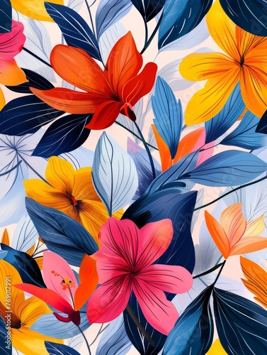 Modern  stylish floral vine illustration creates vibrant  chic seamless patterns for fashion-forward textiles