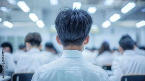 A teacher's back view with rows of students in uniforms facing a blackboard. photo
