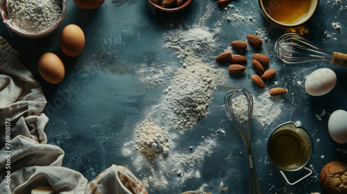 A cascade of flour in the center, with eggs, almonds, and baking utensils arranged on a kitchen table.