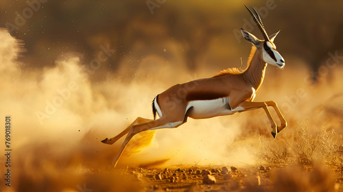 Agile springbok gracefully leaping across dusty African plains