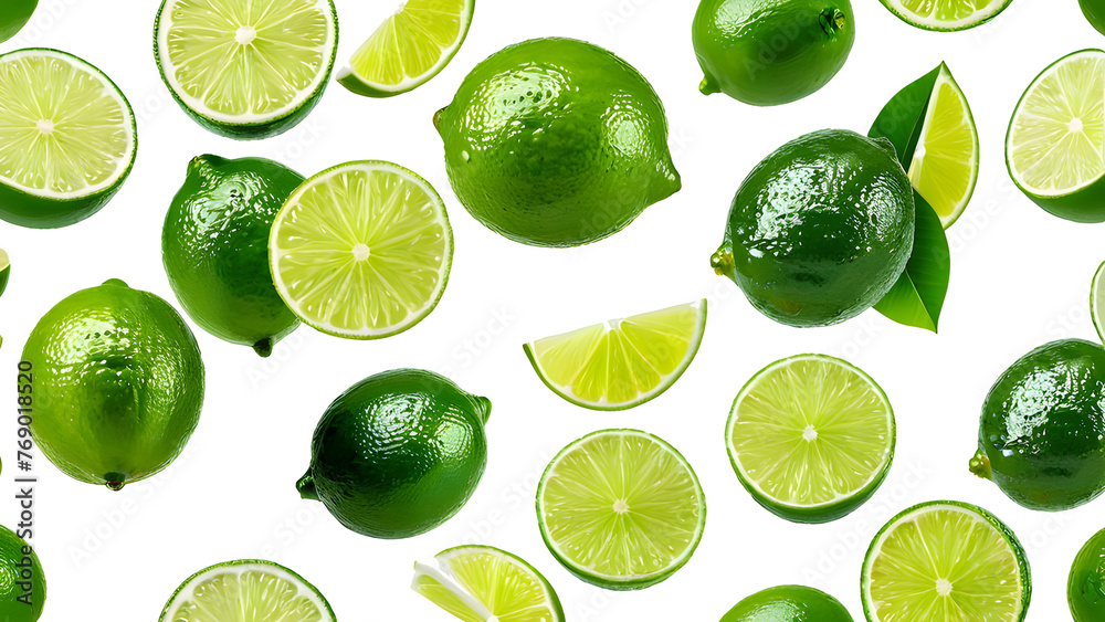 Fresh lime fruits flying in air, isolated on white background. Vibrant, delicious citrus slices.