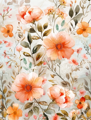 Romantic floral patterns of delicate vine blooms and foliage, in soft watercolor hues, perfect for bridal wear fabric