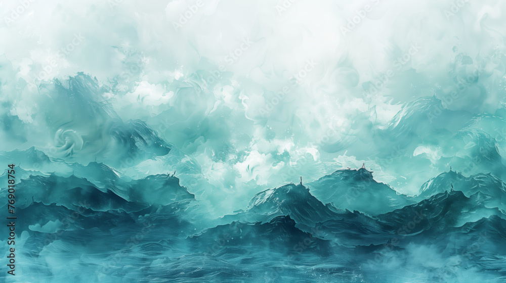 Abstract digital art depicting a surreal turquoise seascape with dynamic waves and ethereal clouds, creating a serene atmosphere.
 - obrazy, fototapety, plakaty 