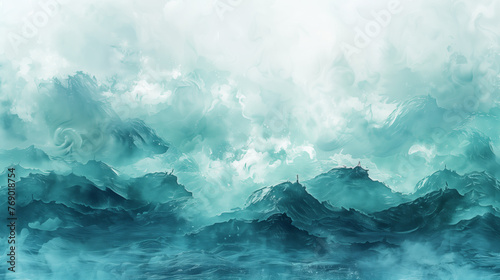 Abstract digital art depicting a surreal turquoise seascape with dynamic waves and ethereal clouds, creating a serene atmosphere. 