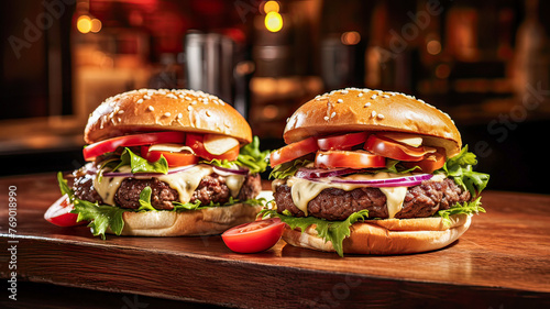 Colossal burgers, loaded with succulent beef, cheese, lettuce, tomato, onion, in lively bar.