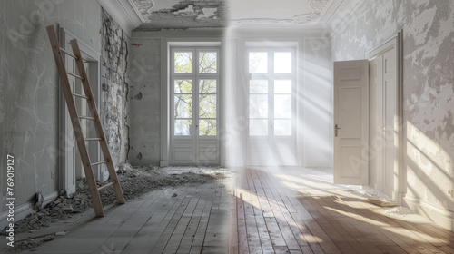 A wooden ladder leans against a sunlit wall with peeling paint, near a window, with a paint bucket, roller, and a dropcloth on the floor. photo