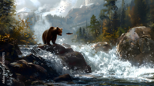 Bear catching salmon in a rushing river photo