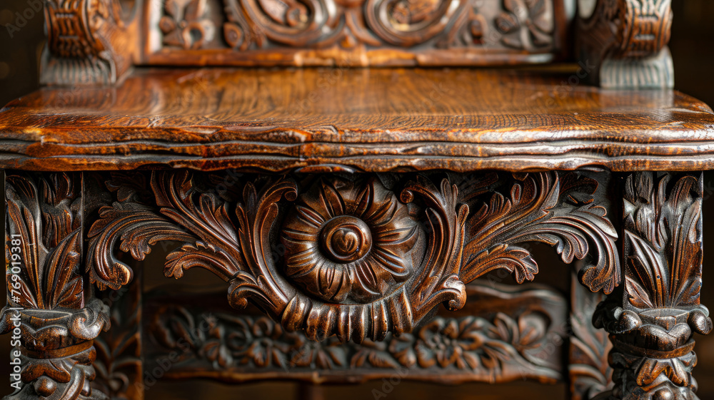 An intricately carved wooden bench.