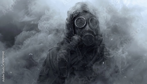 Faceless figure in gas mask amidst smoke
