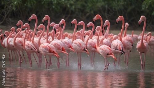 Flamingos Creating Patterns In The Water As They M