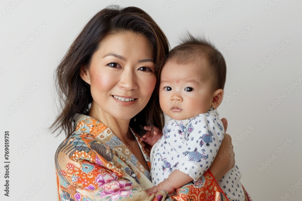 Japanese smiling mother wear hijab hugging her sweet baby over white background. Child care, babyhood, motherhood. Products for children Japanese smiling mother wear hijab hugging her sweet baby over white background. Child care, babyhood, motherhood. Products for children